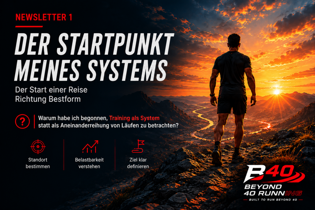 Titelbild zu Newsletter 1 von Beyond 40 Running: Ein Läufer blickt bei Sonnenaufgang von einer Bergkuppe ins Tal. Der Newsletter beschreibt den Startpunkt des Systems, Belastbarkeit und die Entwicklung eines langfristigen Laufprojekts.