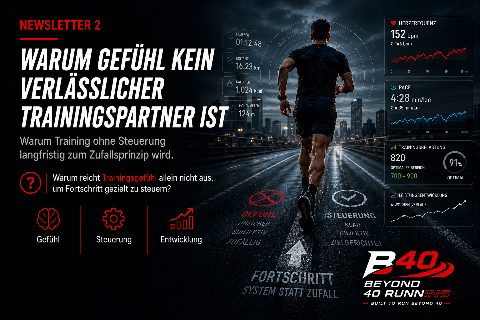 Titelbild zu Newsletter 2 von Beyond 40 Running: Ein Läufer läuft nachts durch eine Stadt, begleitet von Trainingsdaten wie Herzfrequenz, Pace und Belastung. Die Grafik steht für den Unterschied zwischen subjektivem Gefühl und objektiver Trainingssteuerung.