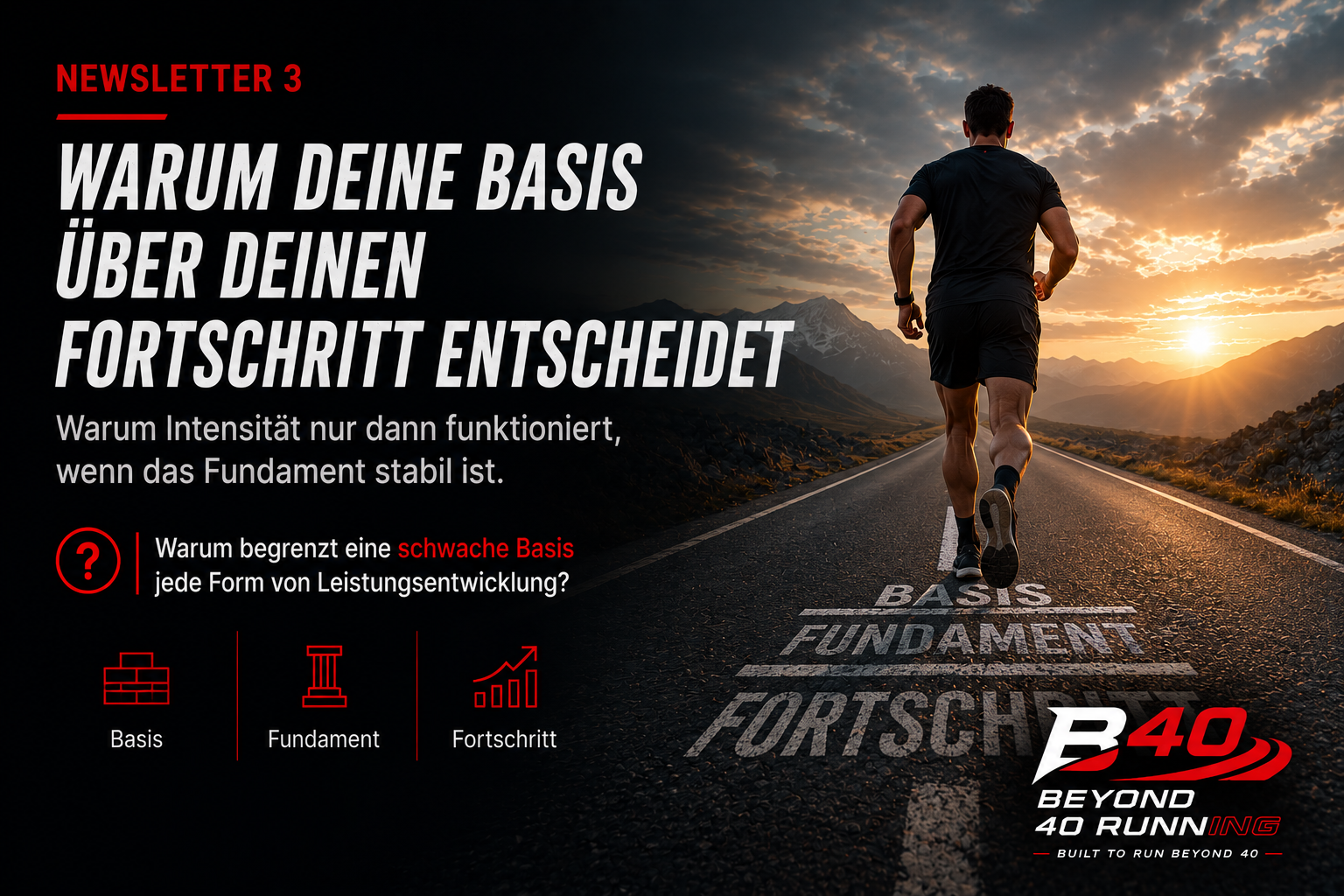 Titelbild zu Newsletter 3 von Beyond 40 Running: Ein Läufer läuft bei Sonnenaufgang auf einer Straße in Richtung Berge. Die Grafik steht für Basis, Fundament und langfristigen Fortschritt im Lauftraining.