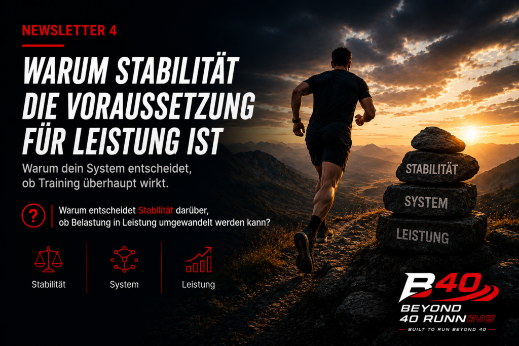 Titelbild zu Newsletter 4 von Beyond 40 Running: Ein Läufer läuft bei Sonnenaufgang durch eine Berglandschaft, daneben stehen Steine mit den Begriffen Stabilität, System und Leistung. Die Grafik steht für Stabilität als Voraussetzung dafür, dass Training wirksam werden kann.
