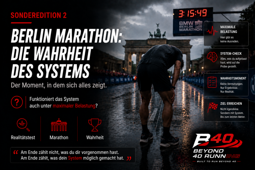 BEYOND 40 RUNNING Sonderedition 2 zum Berlin Marathon 2026 mit Zielzeit 3:15:49 vor dem Brandenburger Tor