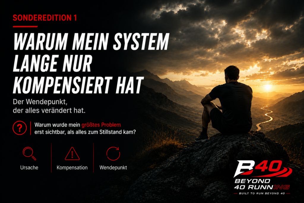 Titelbild zur Beyond 40 Running Sonderedition 1: Ein Läufer sitzt bei Sonnenuntergang auf einem Berg und blickt in die Ferne. Die Grafik steht für Kompensation, Ursachenanalyse und den Wendepunkt nach Verletzung und Reha.