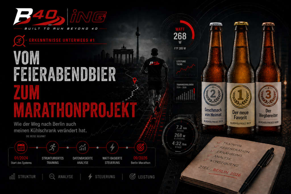 Titelbild zum Artikel „Vom Feierabendbier zum Marathonprojekt“ aus der Rubrik „Erkenntnisse unterwegs“ von Beyond 40 Running. Zu sehen sind ein Läufer auf dem Weg Richtung Berlin, Trainingsdaten und drei alkoholfreie Biere als Symbol für veränderte Alltagsentscheidungen.