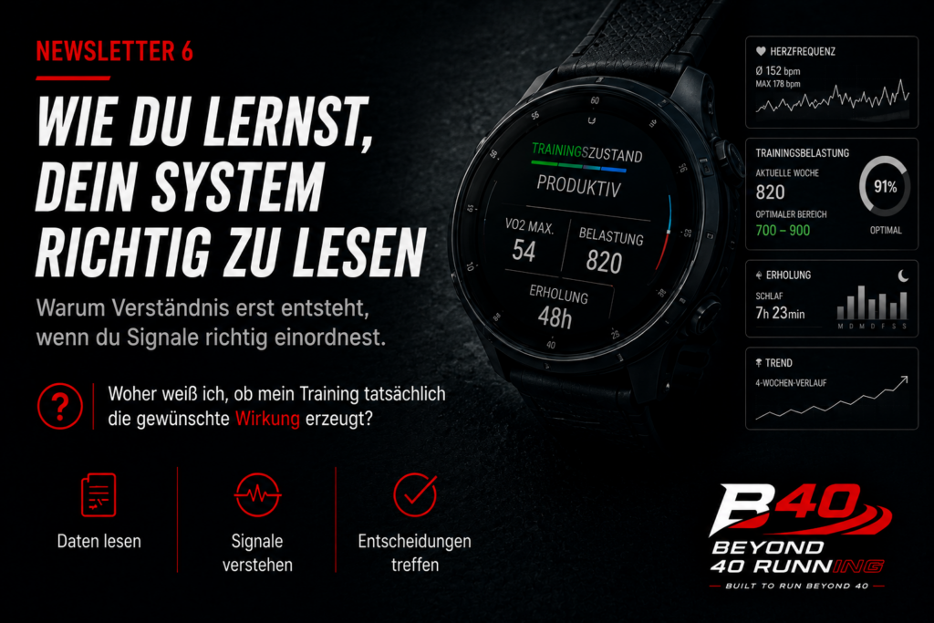 Beyond 40 Running Newsletter 6 mit Laufuhr und Trainingsdaten zum Thema Systemverständnis und Trainingssteuerung