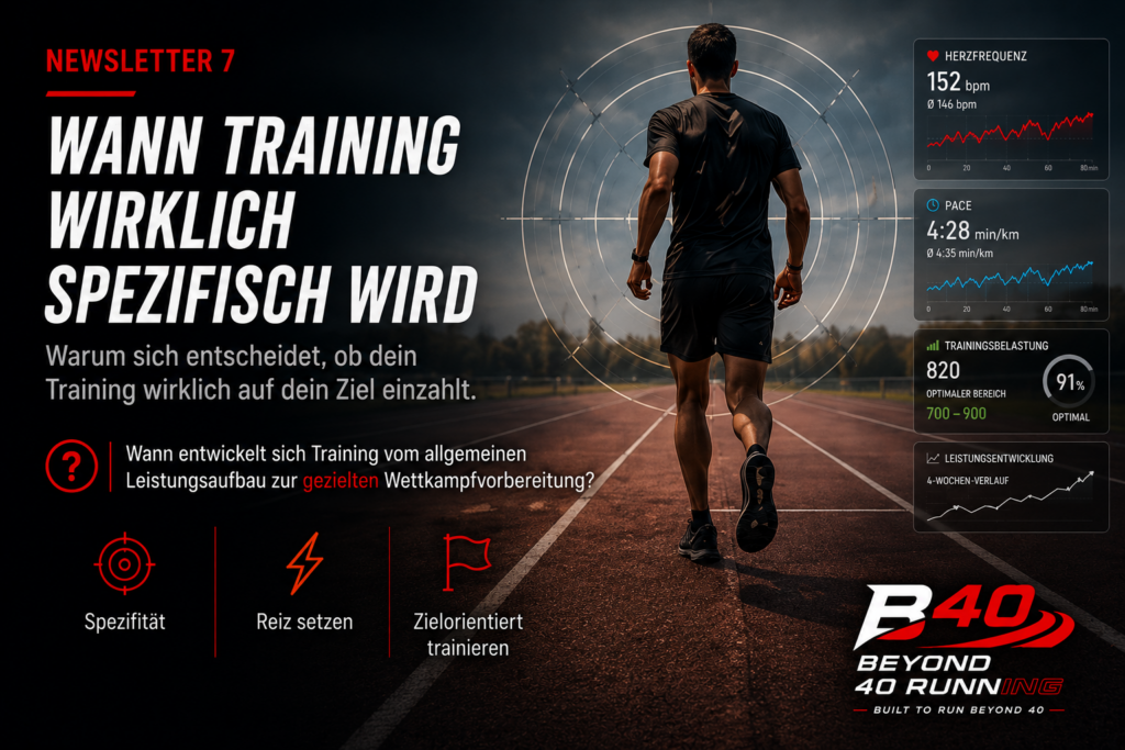 Spezifisches Training im Marathon – Läufer auf einer Laufbahn mit Trainingsdaten zu Herzfrequenz, Pace und Trainingsbelastung.