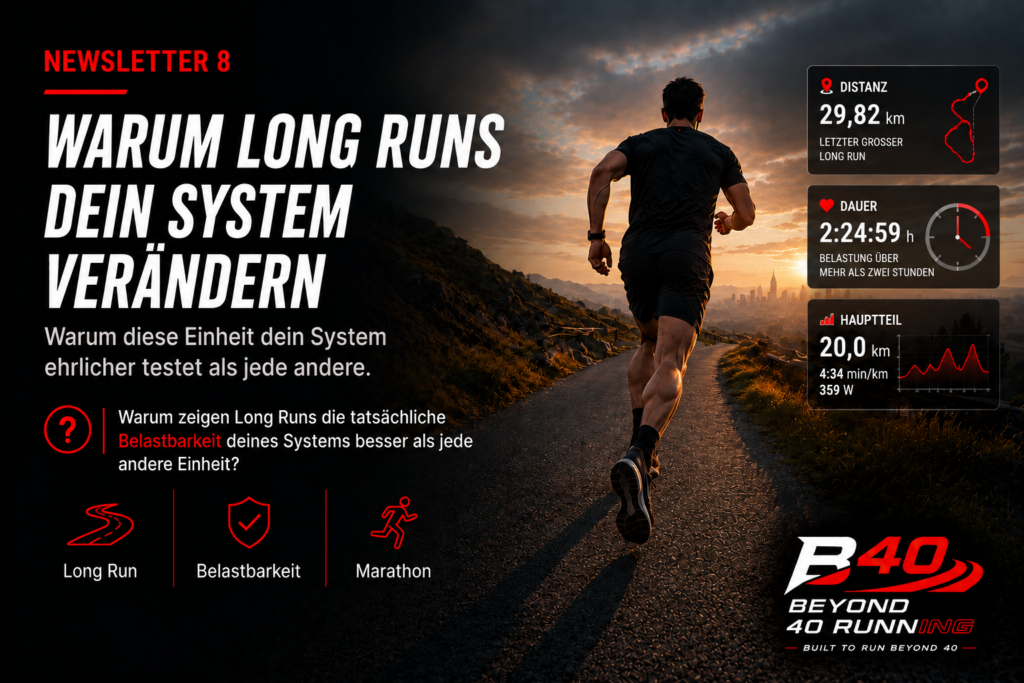 Läufer bei einem Long Run mit den Trainingsdaten 29,82 km, 2:24:59 Stunden und einem 20-km-Hauptteil bei 4:34 min/km und 359 Watt.